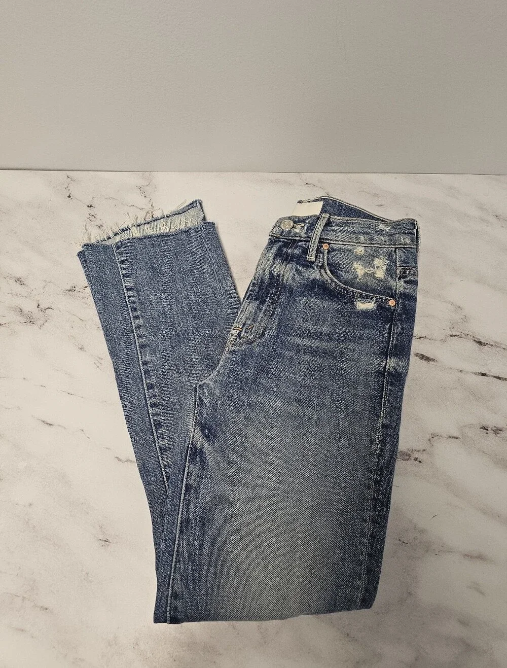 MOTHER The Insider Crop Step Fray‎ Distressed High Straight Leg Blue Jeans 24